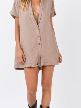Princess Polly - Taupe V-neck  Button-Front Short Sleeve Romper 100% Cotton